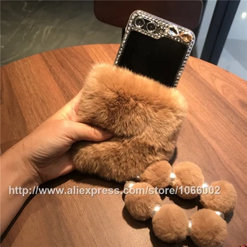 Симпатичные Коричневые меховые Чехлы Furry Bling Crystal для Samsung Galaxy Z Flip 5 4 3 Flip5 Flip4 Flip3 5G с Меховым Ремешком-Шариком